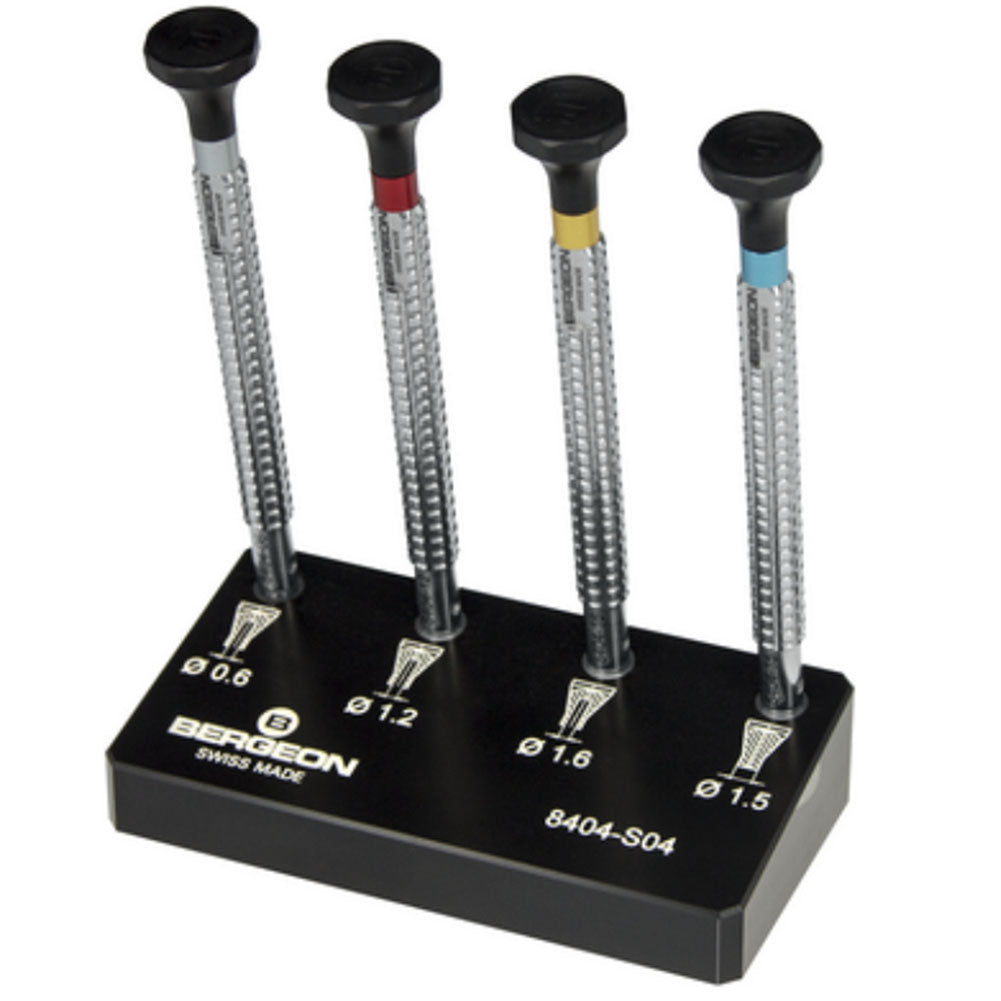 Bergeon 8404 watch hand fitting tools set of 4 on stand for precise watch repair and adjustment