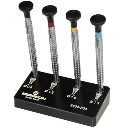 Bergeon 8404 watch hand fitting tools set of 4 on stand for precise watch repair and adjustment