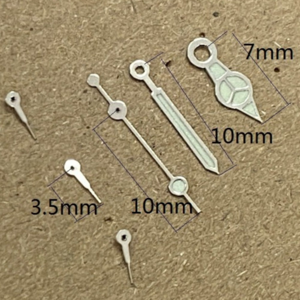 10mm silver-trimmed green lume watch hands for Miyota OS10 OS20 OS30 movement, precise time indication.