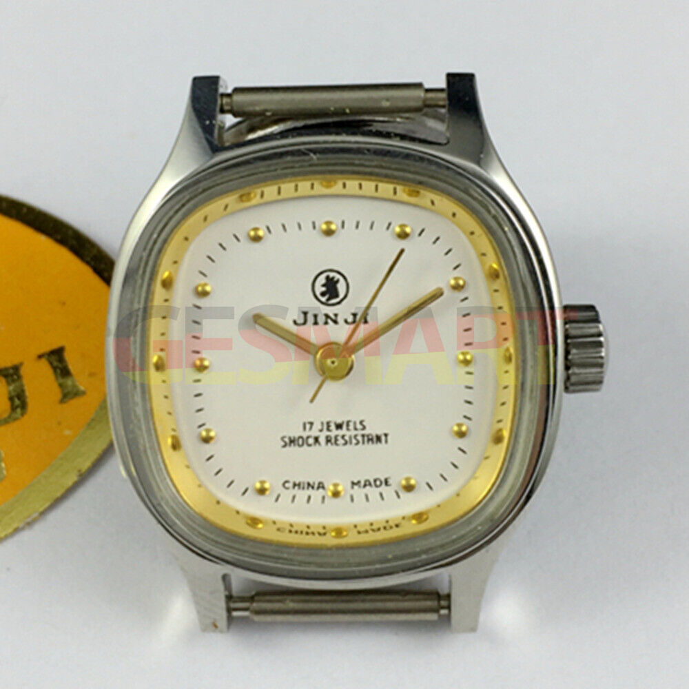 26mm SHANGHAI JINJI Lady watch with golden square case, manual mechanical movement, and 17 jewels design for elegant wear.
