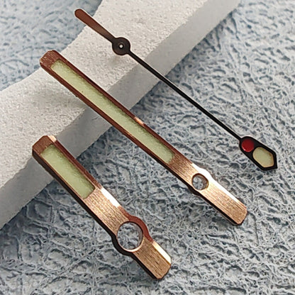 16mm Abalone 6105 watch hands with green lume and rose gold trim for NH36 NH35 movements.