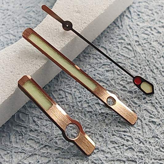 16mm Abalone 6105 watch hands with green lume and rose gold trim for NH36 NH35 movements.