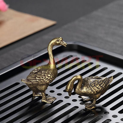 Hand-carved vintage solid copper goose trinket, detailed bronze figurine