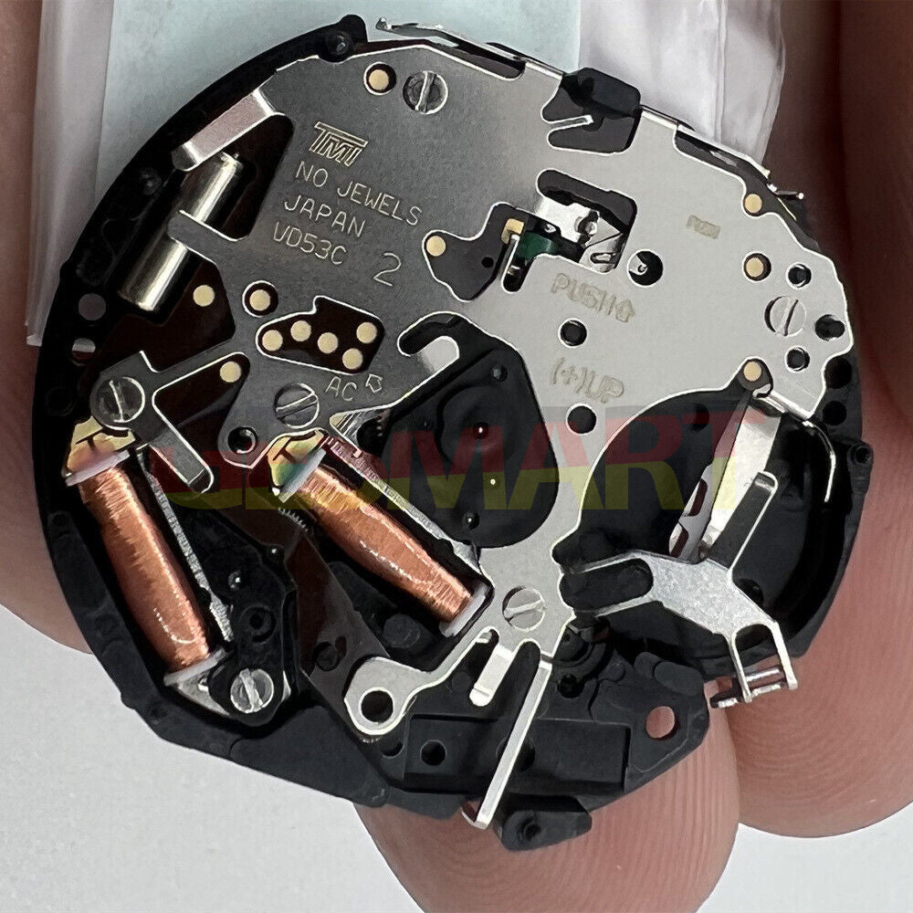 Hattori Epson VD53 quartz watch movement with date display at 3 o'clock, made in Japan.