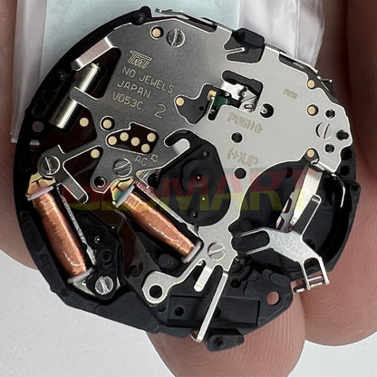 Hattori Epson VD53 quartz watch movement with date display at 3 o'clock, made in Japan.