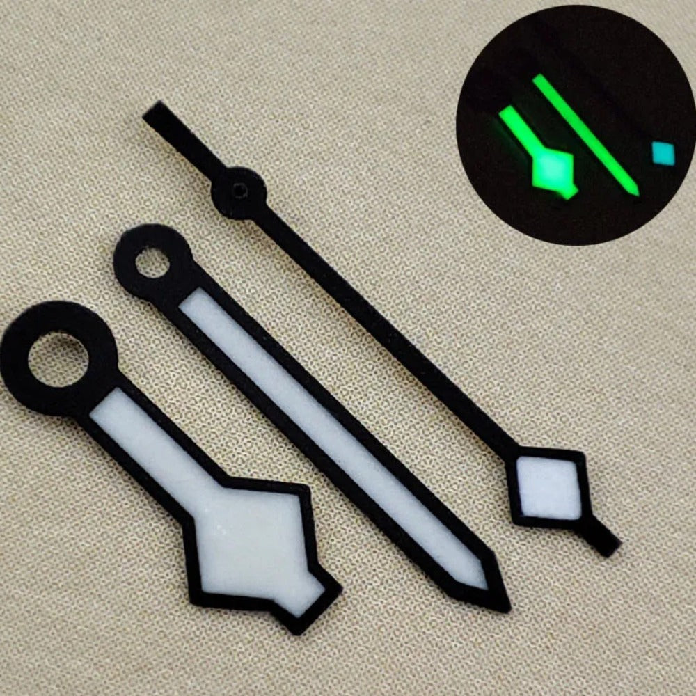 Black trim 12.5mm green lume snowflake watch hands for NH35/36 with precise luminous visibility.