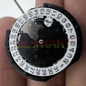 Sunon PE90 quartz watch movement with 3 hands and small seconds at 6, 9, and 12 o'clock positions
