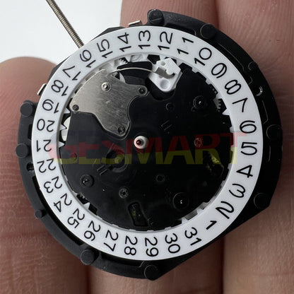 Sunon PE90 quartz watch movement with 3 hands and small seconds at 6, 9, and 12 o'clock positions