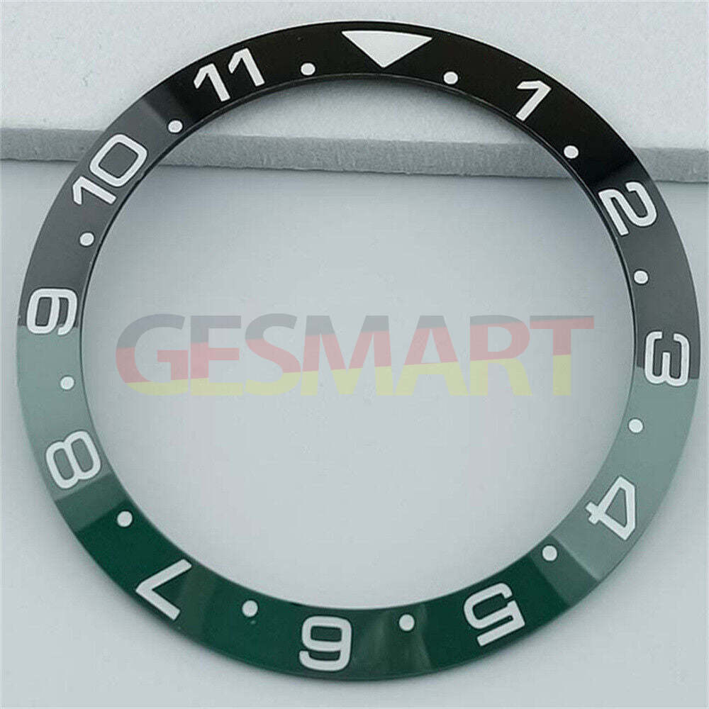 Black and green 38mm ceramic GMT bezel for SUB watches, featuring white and gold font.