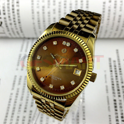 Brown dial 36mm Donglang manual mechanical watch with 17 jewels, single calendar, classic design.