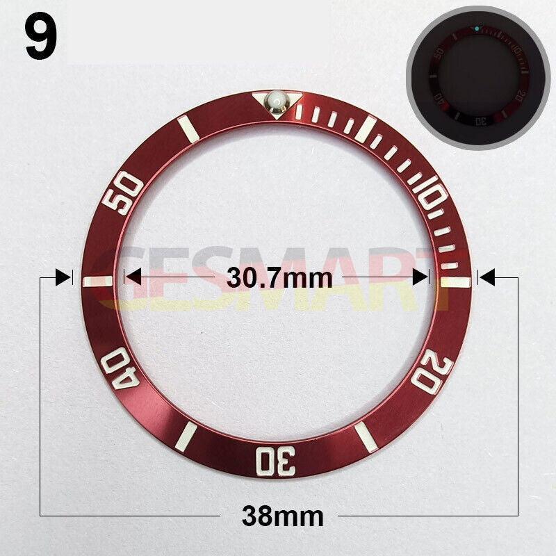 38mm ceramic watch bezel with red ring, silver font, and green luminous accents for accessories.