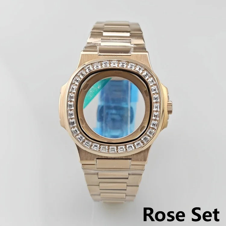 [Watch Cases] - 41mm Watch Case + Watch Strap Set Inlaid Diamond Bezel Case  PVD Plated Rose Gold Watch Accessories Suitable for NH35 Movement