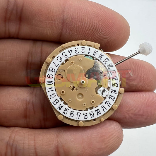 Sunon PE60 quartz watch movement with 3 hands and date at 6 o'clock for precise timekeeping.