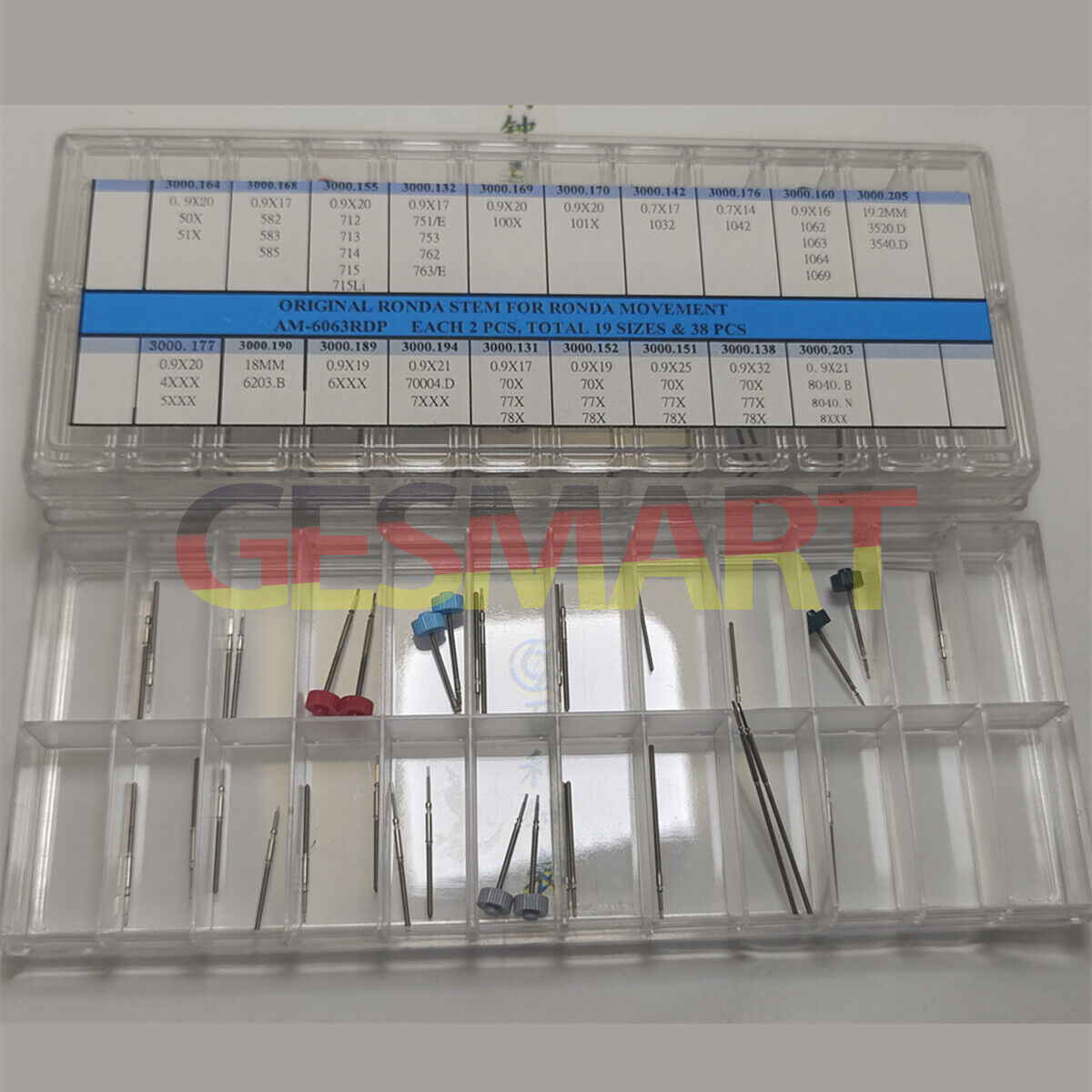 Original Ronda watch stem set, 38pcs in 19 sizes for precise movement repair.