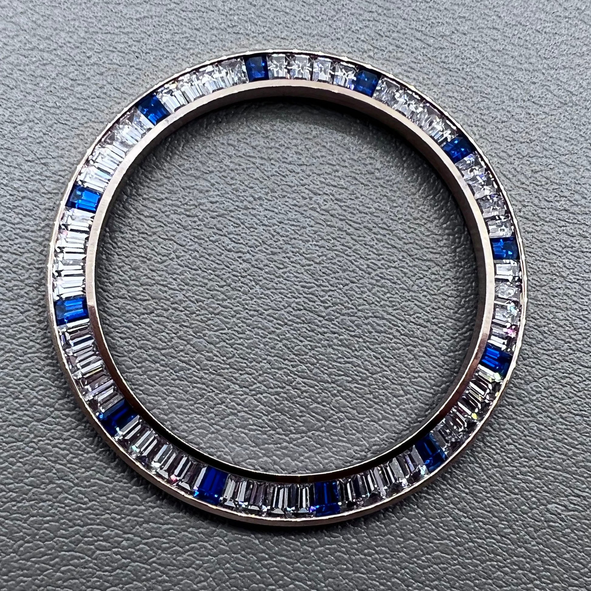 Daytona T-Shaped Square Blue Moissanite watch bezel with rose gold and silver base, elegant accessory