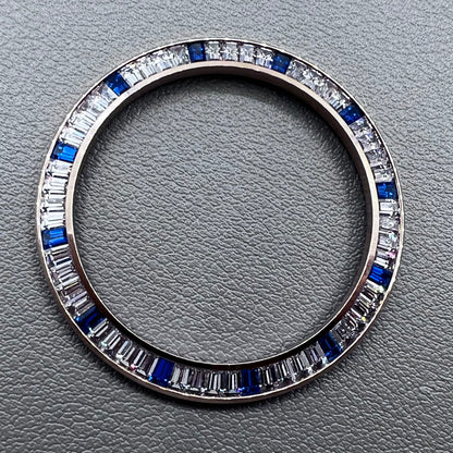 Daytona T-Shaped Square Blue Moissanite watch bezel with rose gold and silver base, elegant accessory