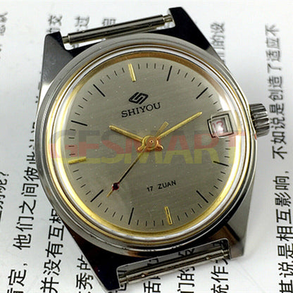 Shiyou 32mm grey manual mechanical watch with 17 jewels and single calendar display.