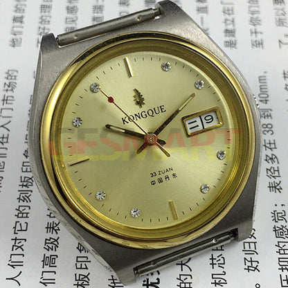 38mm automatic watch with 17 jewels, double calendar, and elegant golden dial.