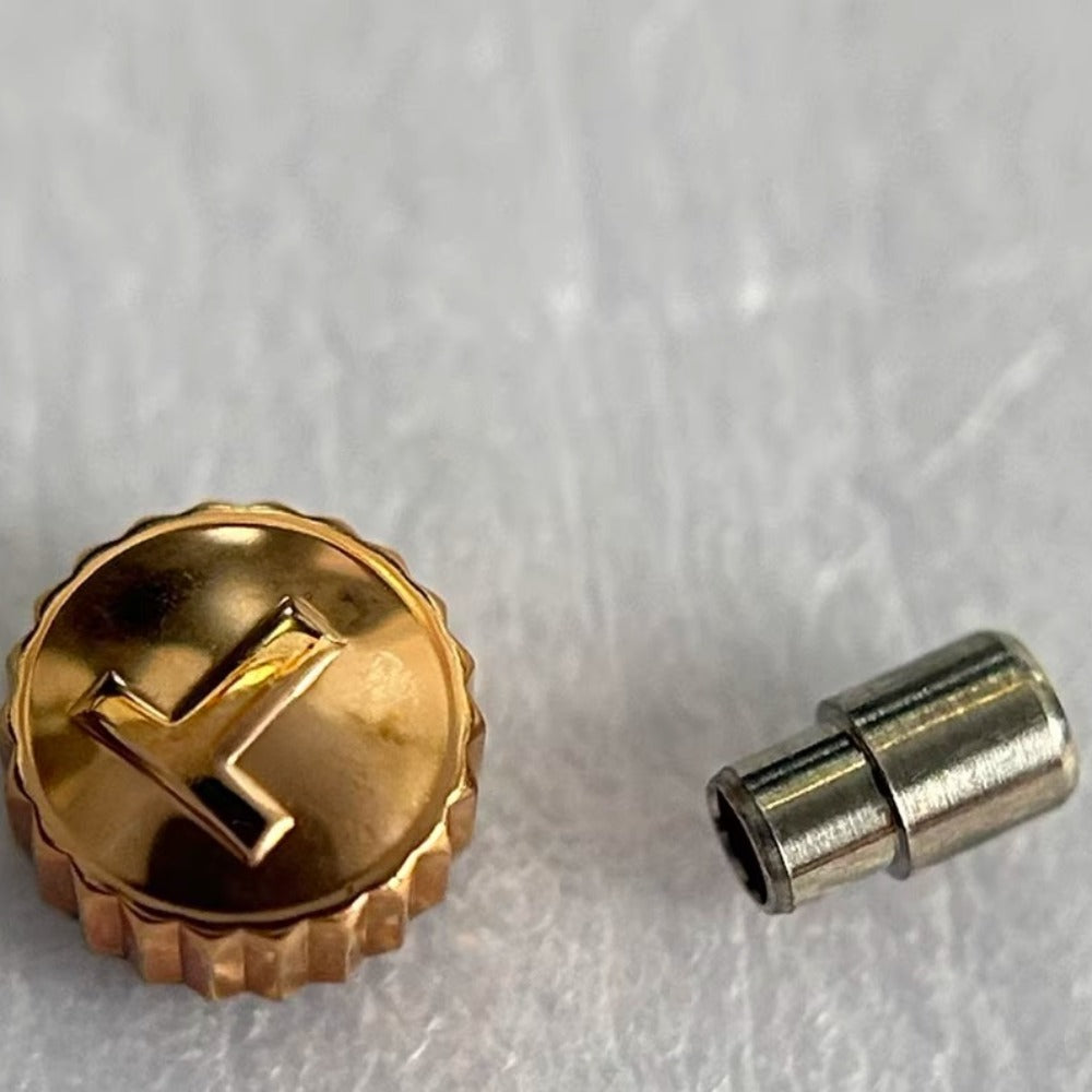 Golden steel rose watch crown replacement for Tissot T060, durable repair accessory.