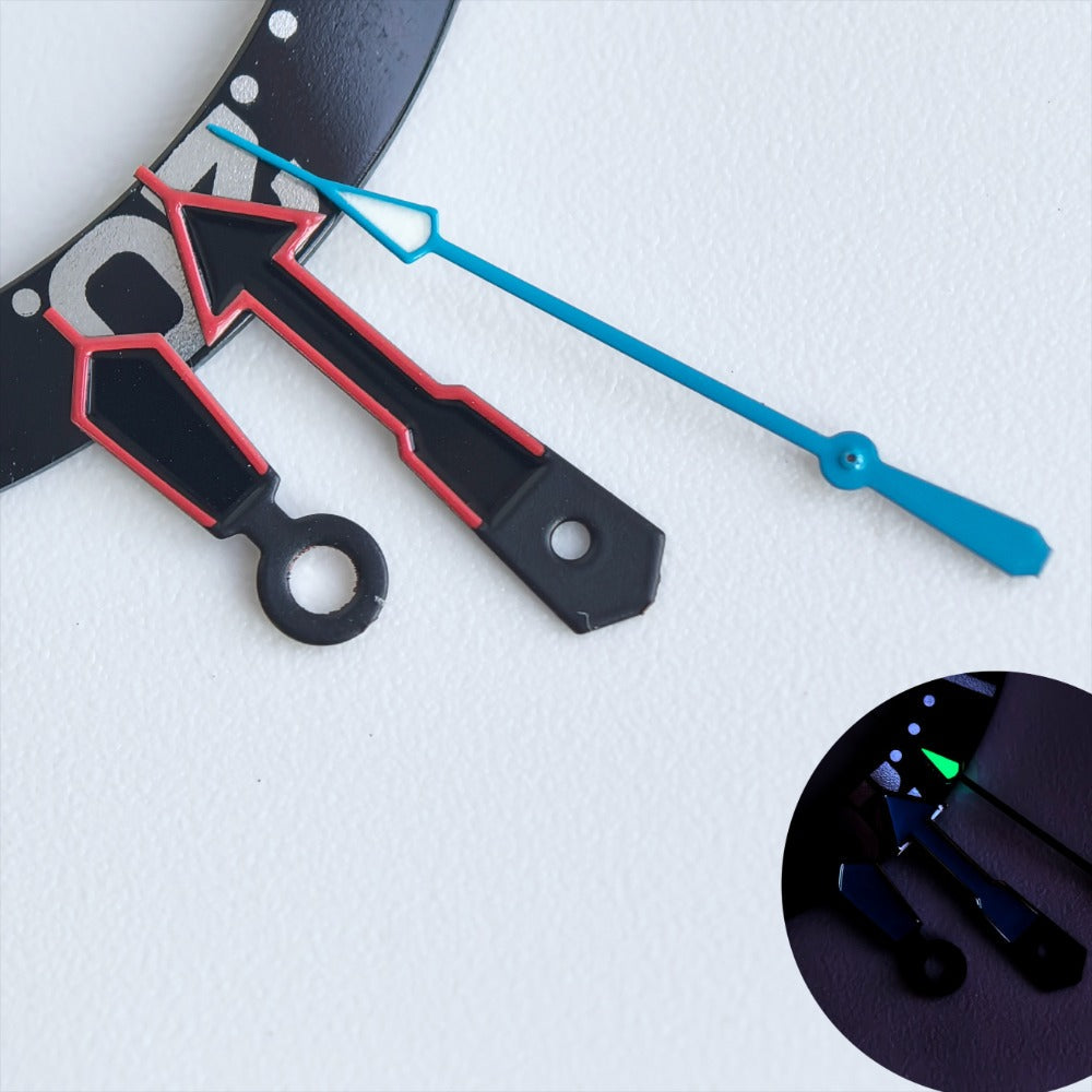 Red trimmed black watch hands with blue second hand and green lume, compatible with NH35/36 movement.