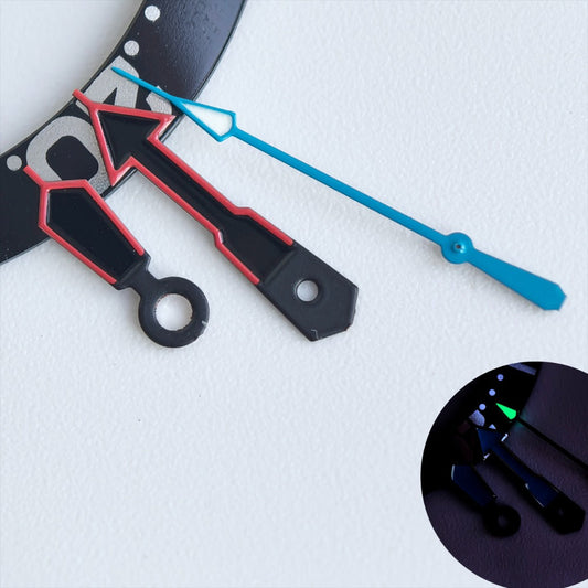 Red trimmed black watch hands with blue second hand and green lume, compatible with NH35/36 movement.