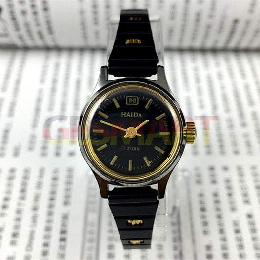 Elegant 23mm HAIDA lady watch with golden nails, black dial, 17 jewels, and manual mechanical movement.