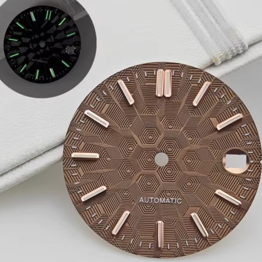 Brown 28.5mm rose gold lume dial, fits NH35 NH36 watch movements, elegant nail design.