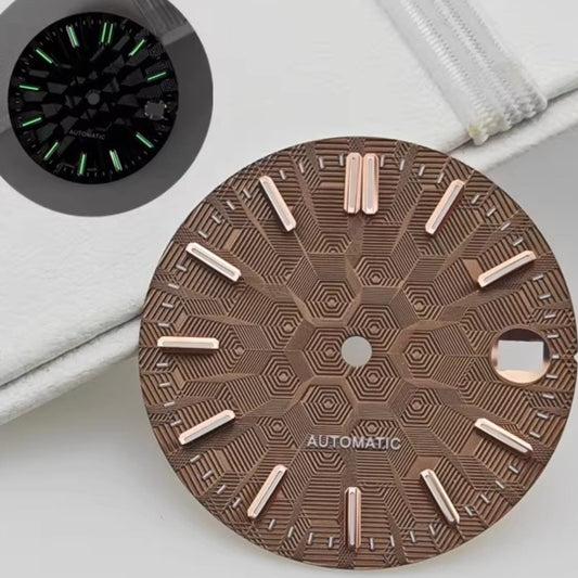 Brown 28.5mm rose gold lume dial, fits NH35 NH36 watch movements, elegant nail design.