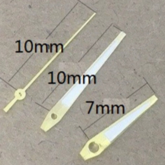 Golden Trim Hollow Lume watch hands 10x10x7mm, compatible with Miyota 2035 quartz movement, enhancing dial visibility.