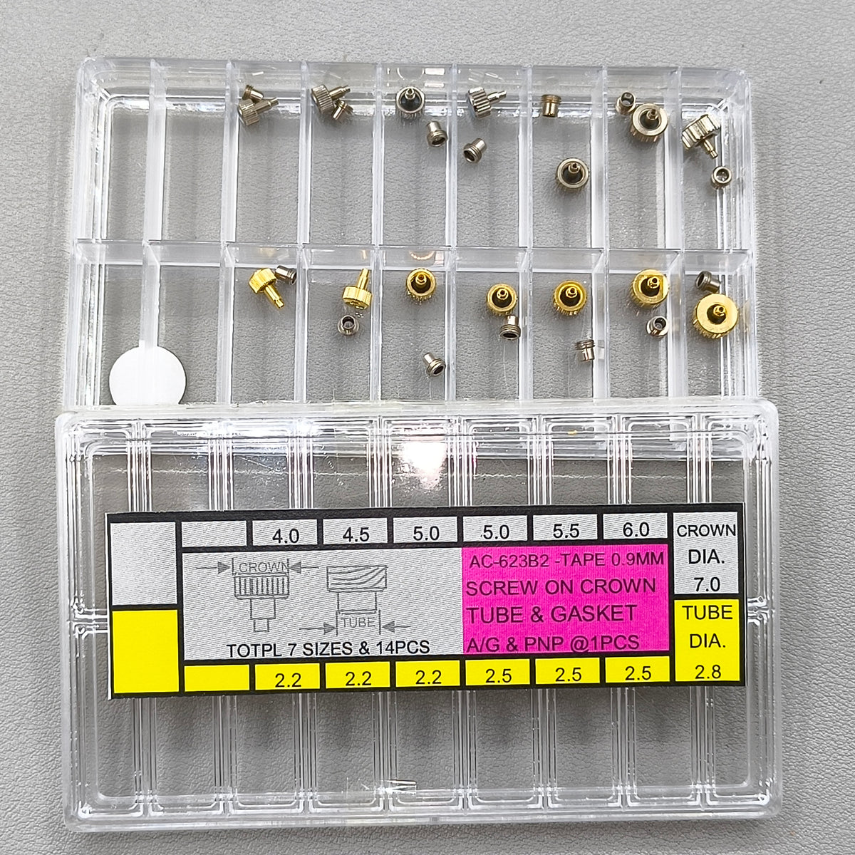 16 PIECES Stainless Steel Watch Crown Silver & Golden Screw on Crown Tube & Gasket