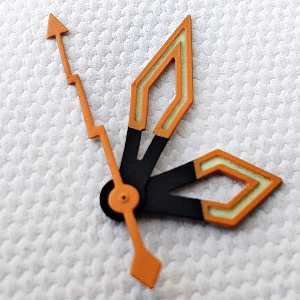 Butterfly C3 Green lume orange watch hands for NH34 and NH35 movements, enhancing visibility and style.