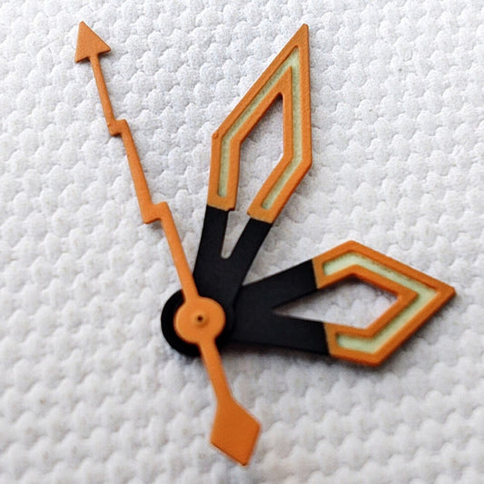 Butterfly C3 Green lume orange watch hands for NH34 and NH35 movements, enhancing visibility and style.