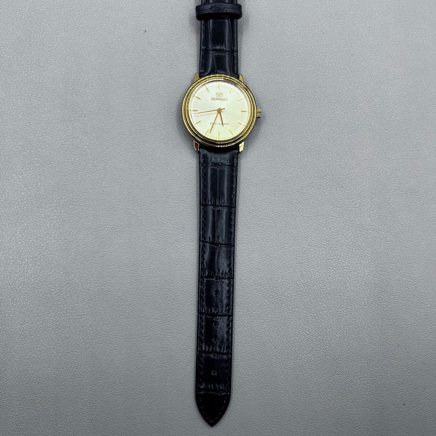 35mm Black Strap Round Golden Case Golden Dial Tianjin Seagull Manual Mechanical Watch