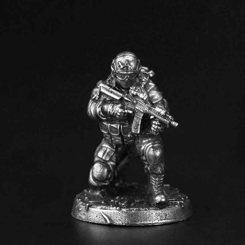 White Brass Figurine Modern Tactical Operator Miniature - Kneeling Aiming AR Rifle