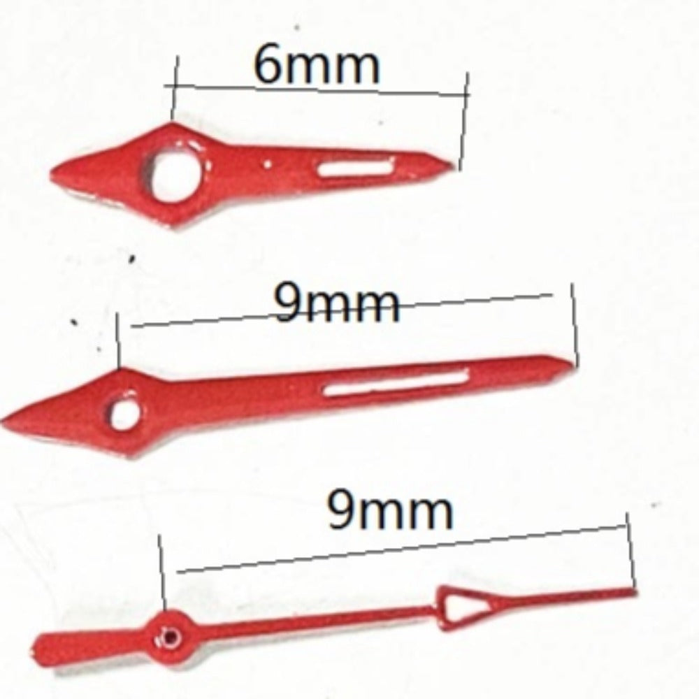 Red trim watch hands, 9x9x6mm, compatible with Miyota 2035/2115 quartz movements, precision fit.