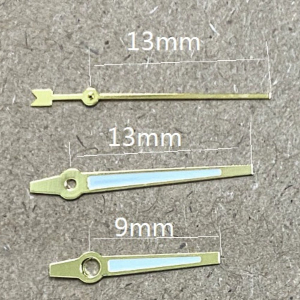 Golden trim green lume watch hands, 13x13x9mm, designed for Miyota 2035 quartz movement.