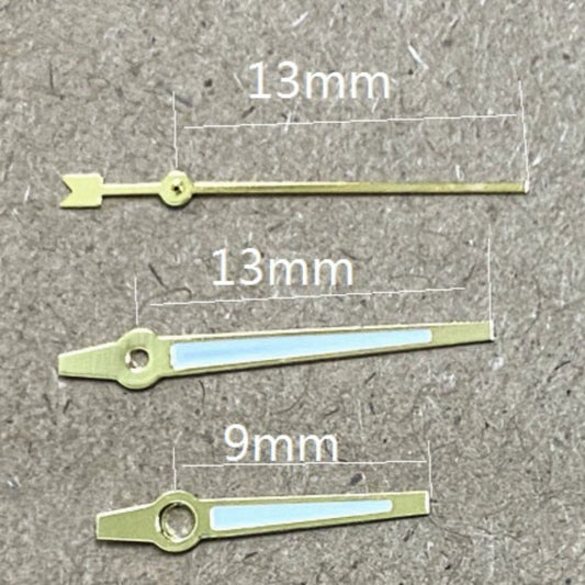 Golden trim green lume watch hands, 13x13x9mm, designed for Miyota 2035 quartz movement.