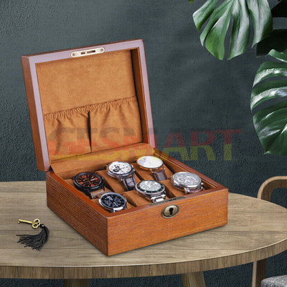 Wooden watch box organizer with 6 slots, perfect for stylish watch storage and display.