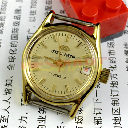Beijing Double Rhomb lady watch with red date font, manual mechanical movement, elegant single calendar design.