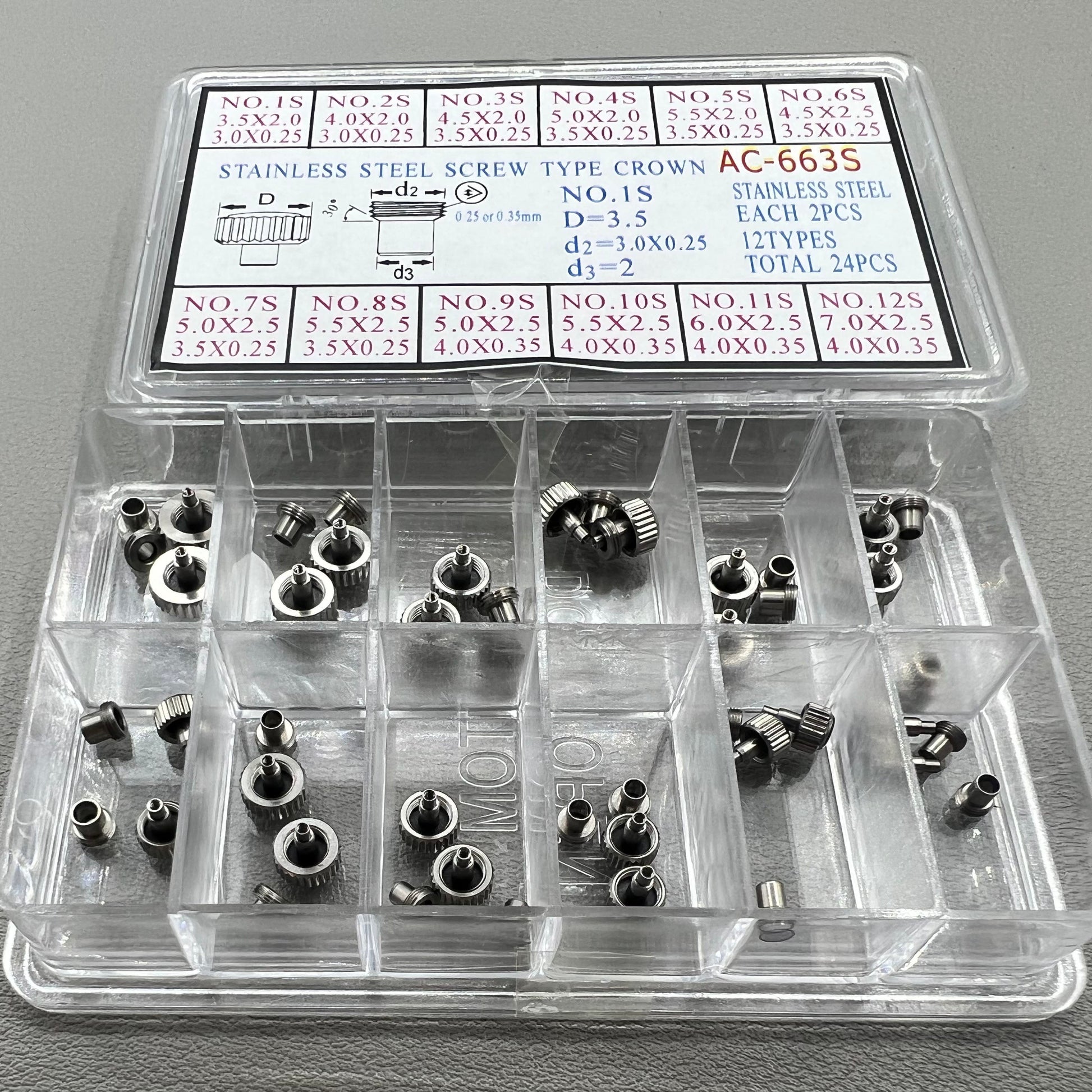 1. Set of 2 stainless steel screw crowns, 12 types, for watch accessories.