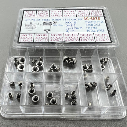 1. Set of 2 stainless steel screw crowns, 12 types, for watch accessories.