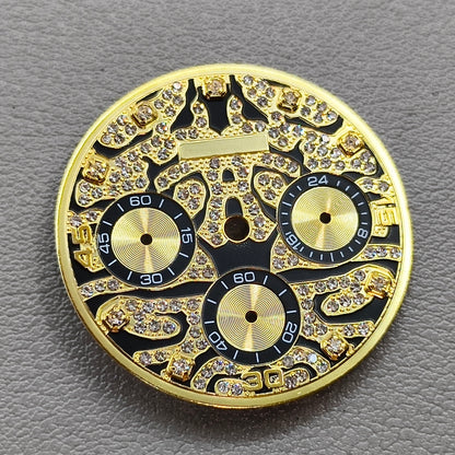 Embedded Diamond Watch Dial with Gold Trim Watch Hands for VK63 Movement