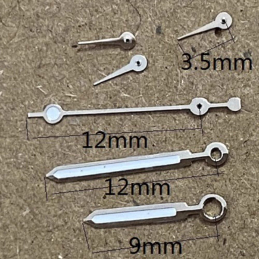 12mm silver-trimmed green lume watch hands for Miyota OS10 OS20 OS30 precision movements.