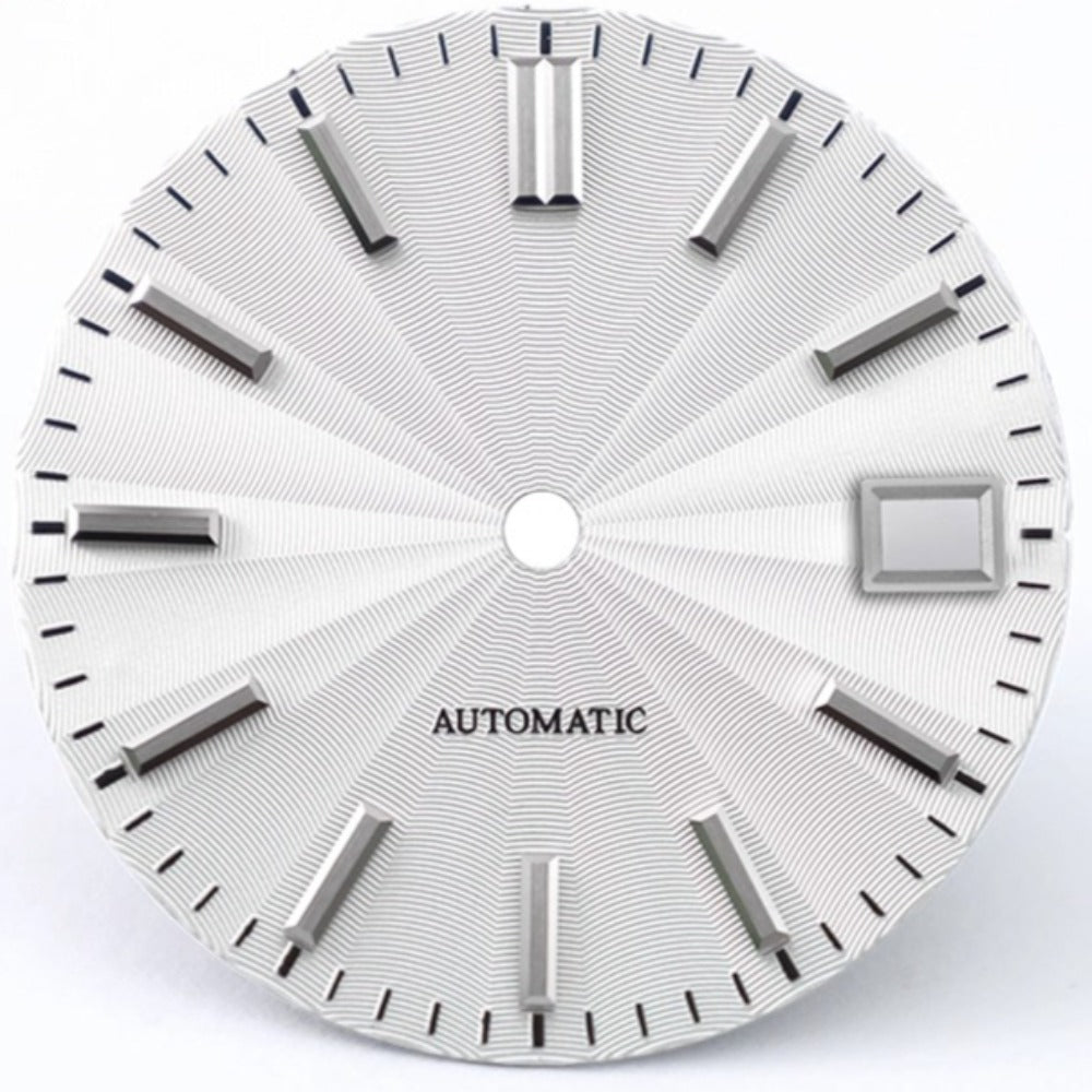 Silver 28.5mm Microgroove watch dial with date window, compatible with NH35 NH36 NH38 movements, sleek design.