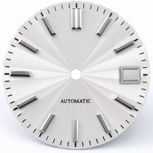 Silver 28.5mm Microgroove watch dial with date window, compatible with NH35 NH36 NH38 movements, sleek design.