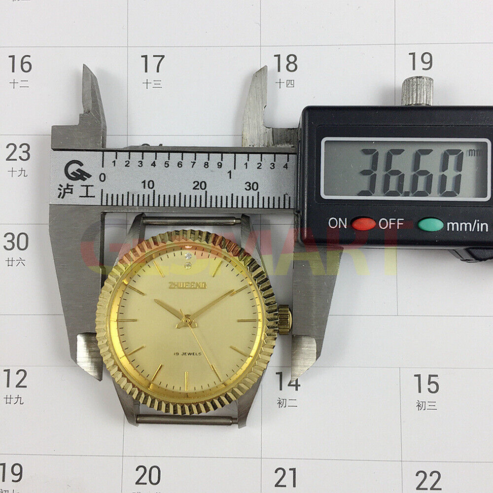Zhufeng 36mm manual mechanical watch with golden round case and nail hour markers, two-hand design