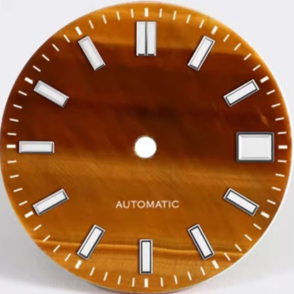 Natural Tiger's Eye watch dial 28.5mm with blue lume for NH35 NH36, featuring date window, stylish design.