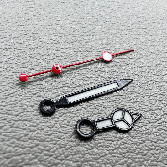 White painted watch hands with matte black trim and red second hand for NH35/36 movement, Seiko compatible.