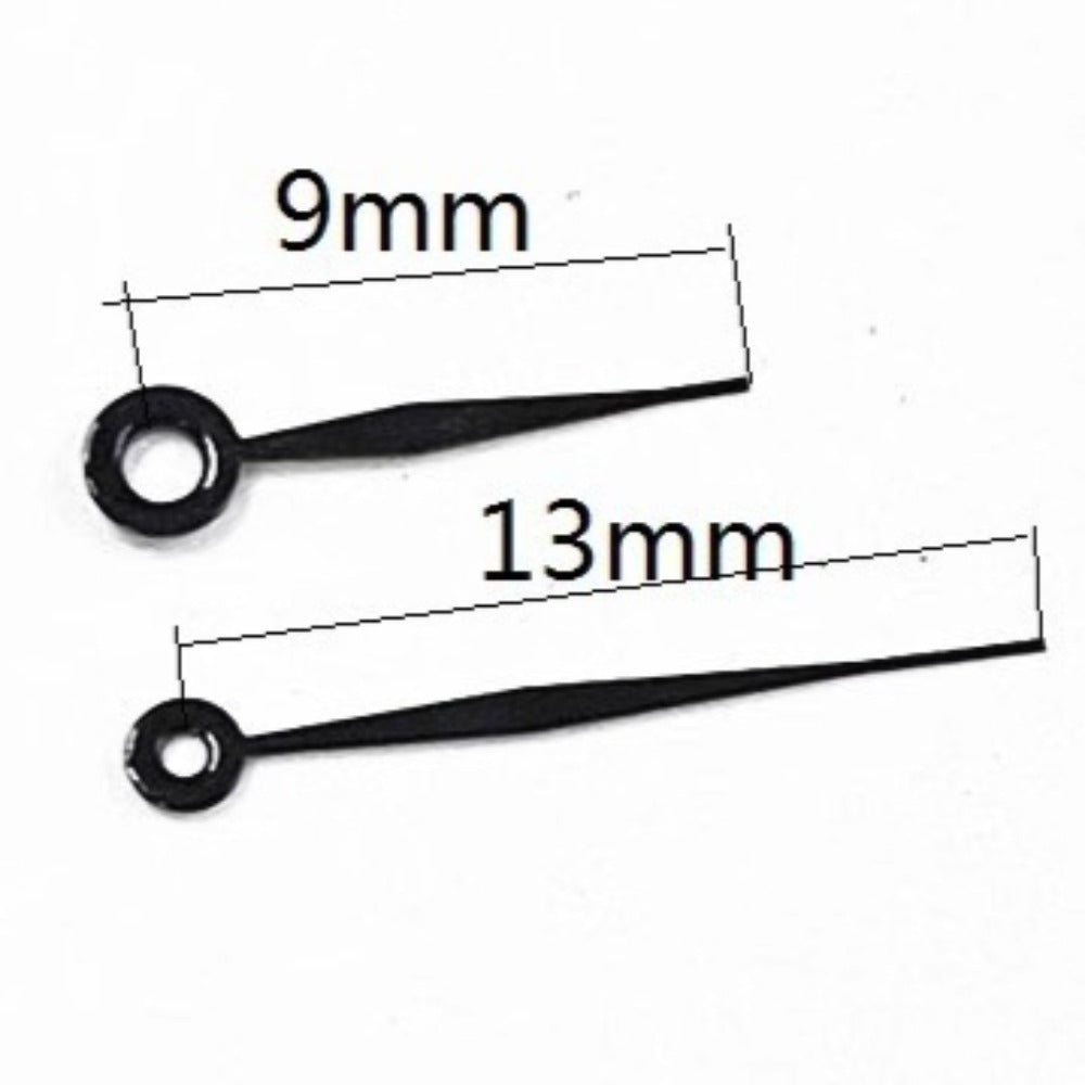 Black 9x13mm watch hands compatible with Ronda 763, 762, 751, 1062, 1063 movements.