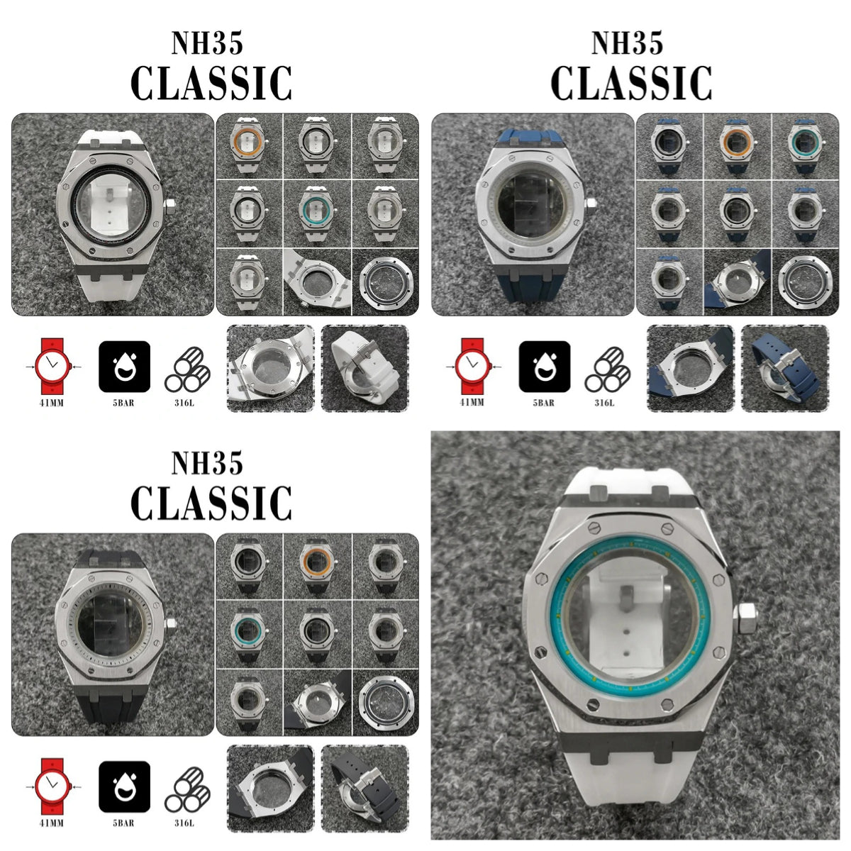 41mm 316L Steel Case+Strap+Ring Sapphire Glass Watch Case Fit NH35/NH36